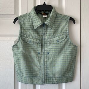 REI Vintage Green and Blue Plaid Vest Shirt with Zipper